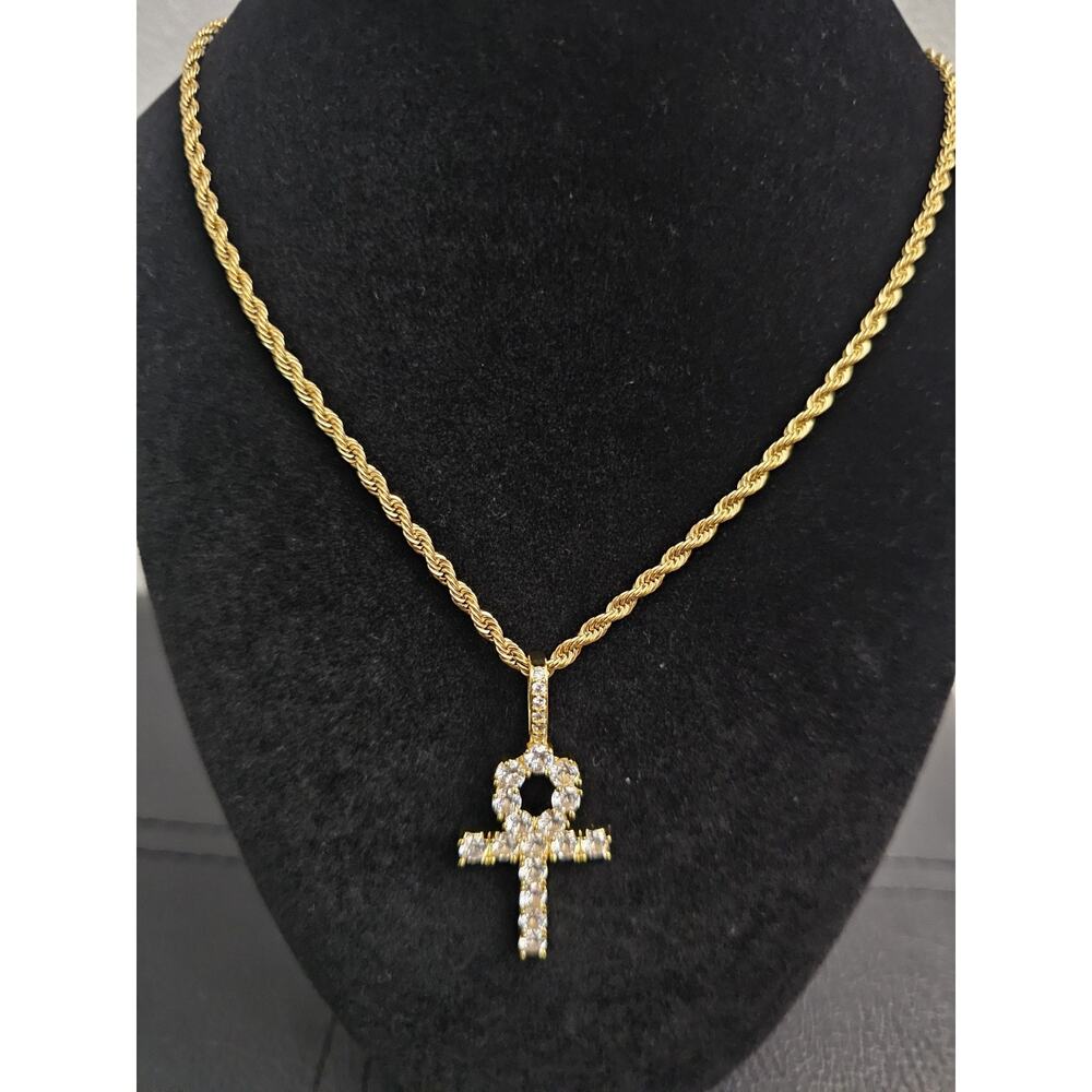 24in.Gold stainless steel-1.9mm Rope Chain Cubic Zirconia Ankh Cross Pendant
